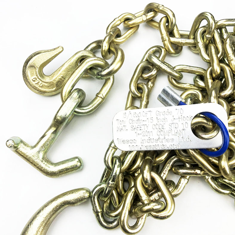 Chaîne De Remorquage Grade 70 - 5/16" X 10 Pieds - Avec Crochets J Et Grab - Résistance 4700 Lbs