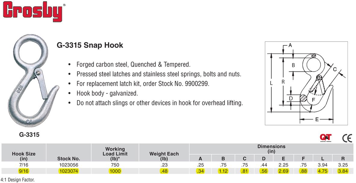 CROSBY, 3,000 lb Working Load Limit, 100 Hook Grade, Sling Hook