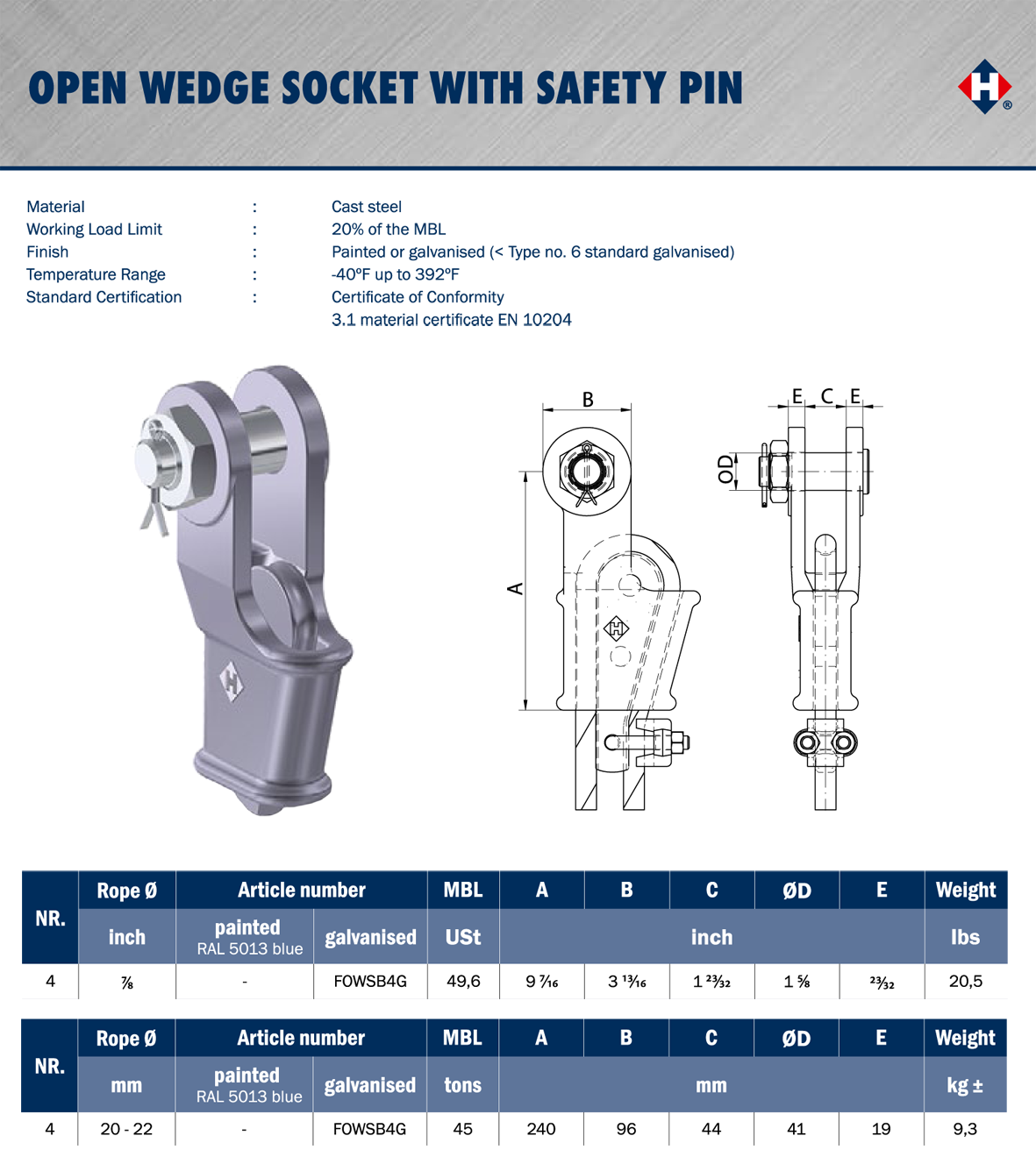 7/8 inch (20-22mm) De Haan Galv Open Wedge Socket with